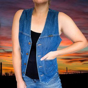 Vintage 1970s Wrangler No-Fault Denim Vest Medium Retro Western 70's Blue Jean